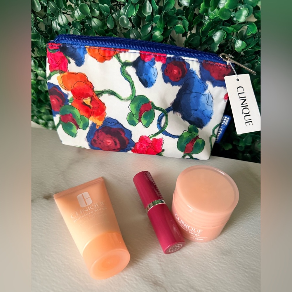Clinique Floral Cosmetic Pouch with Skincare & Lipstick New